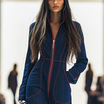 Women's Wide-Leg Denim Jumpsuit Long Sleeve Zip-Front Red Topstitching Retro Casual - Victrafia