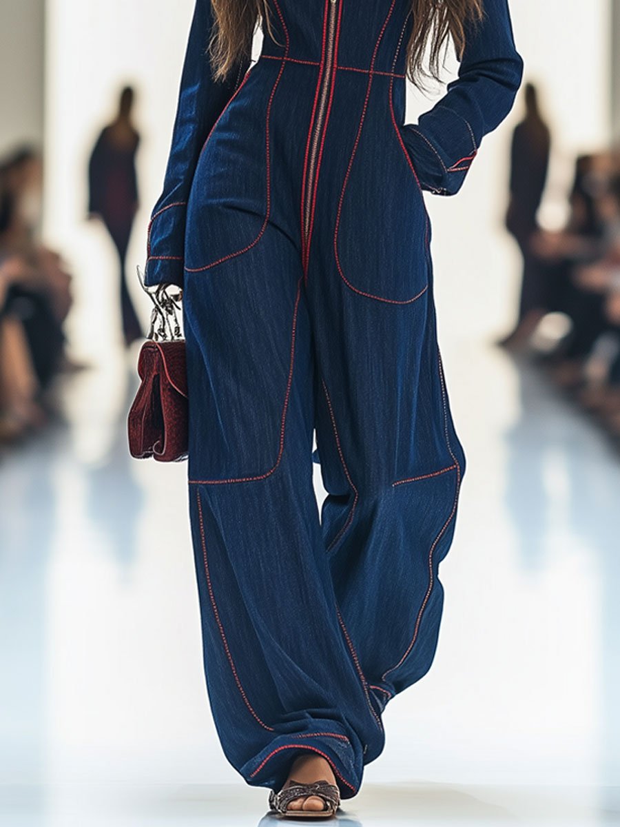 Women's Wide-Leg Denim Jumpsuit Long Sleeve Zip-Front Red Topstitching Retro Casual - Victrafia