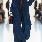 Women's Wide-Leg Denim Jumpsuit Long Sleeve Zip-Front Red Topstitching Retro Casual - Victrafia