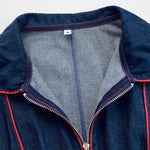 Women's Wide-Leg Denim Jumpsuit Long Sleeve Zip-Front Red Topstitching Retro Casual - Victrafia