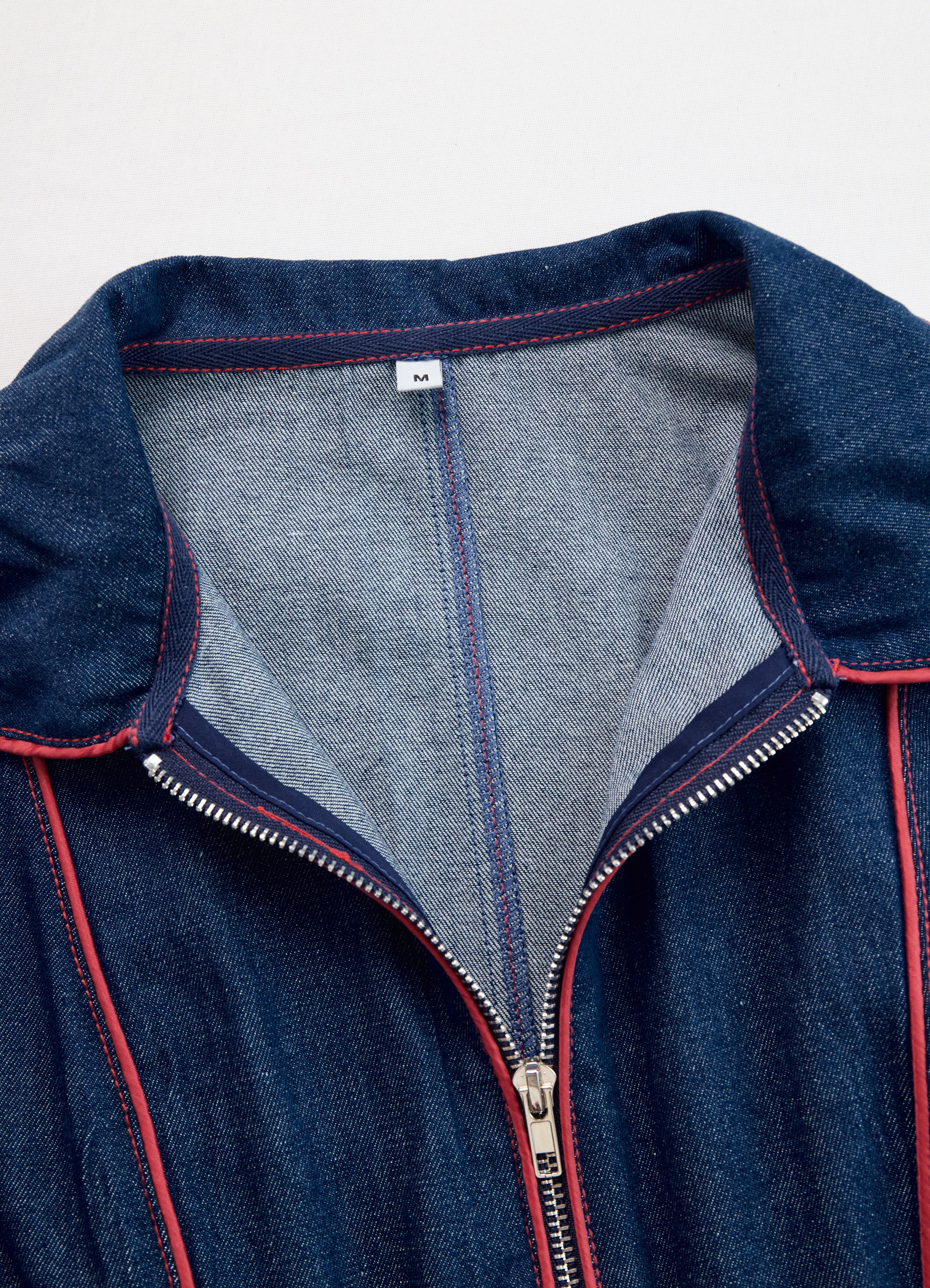 Women's Wide-Leg Denim Jumpsuit Long Sleeve Zip-Front Red Topstitching Retro Casual - Victrafia
