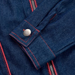 Women's Wide-Leg Denim Jumpsuit Long Sleeve Zip-Front Red Topstitching Retro Casual - Victrafia