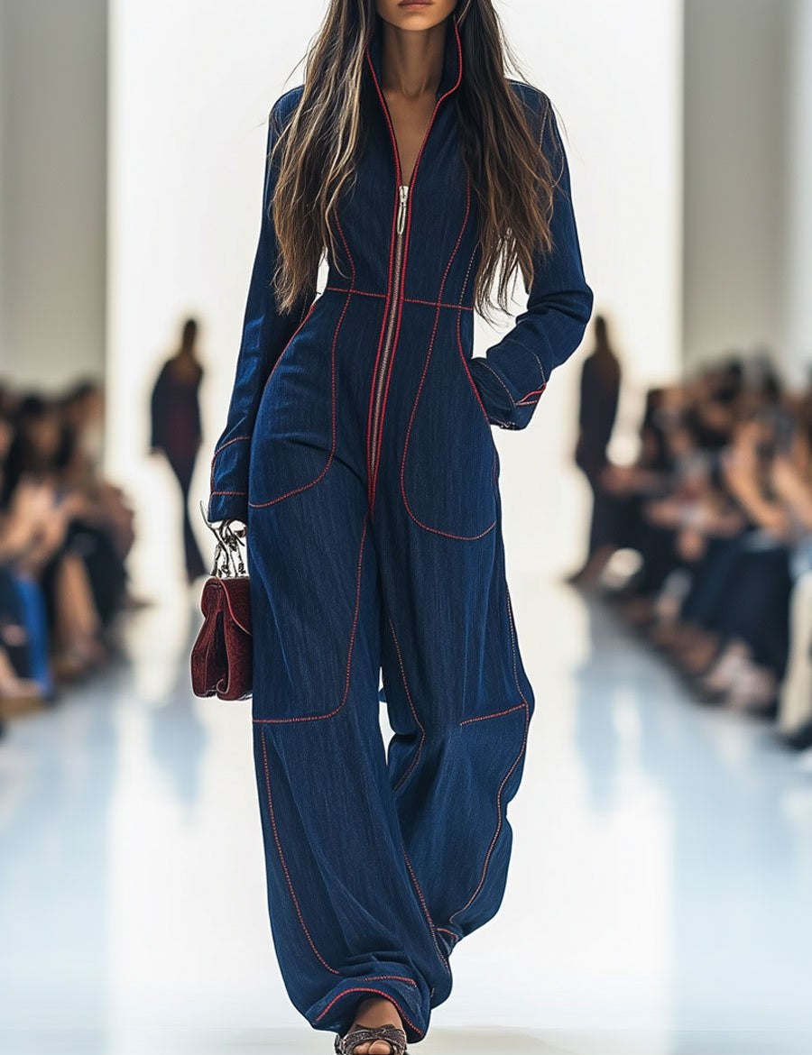 Women's Wide-Leg Denim Jumpsuit Long Sleeve Zip-Front Red Topstitching Retro Casual - Victrafia