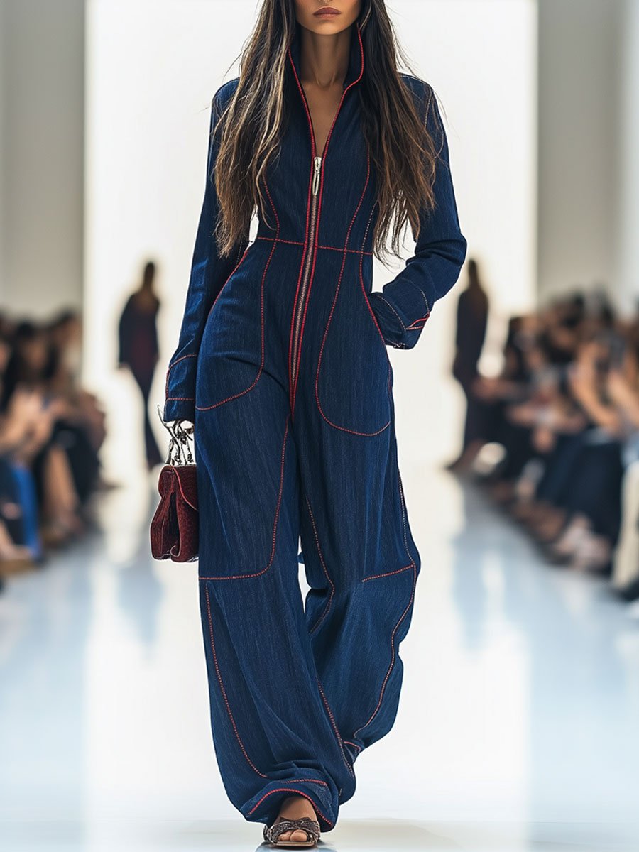 Women's Wide-Leg Denim Jumpsuit Long Sleeve Zip-Front Red Topstitching Retro Casual - Victrafia