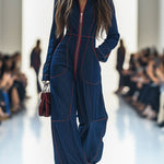 Women's Wide-Leg Denim Jumpsuit Long Sleeve Zip-Front Red Topstitching Retro Casual - Victrafia