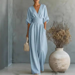 Women's Wide-Leg Jumpsuit V-Neck High-Waist Summer Wedding Guest Outfit - Victrafia