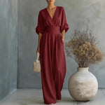 Women's Wide-Leg Jumpsuit V-Neck High-Waist Summer Wedding Guest Outfit - Victrafia
