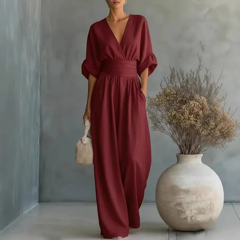 Women's Wide-Leg Jumpsuit V-Neck High-Waist Summer Wedding Guest Outfit - Victrafia