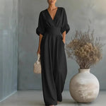 Women's Wide-Leg Jumpsuit V-Neck High-Waist Summer Wedding Guest Outfit - Victrafia