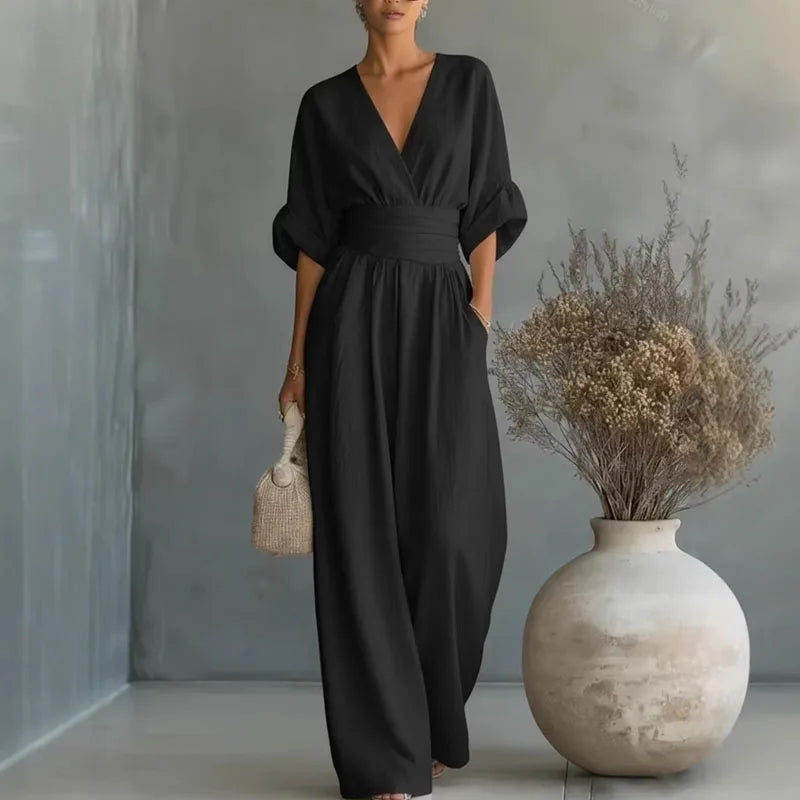 Women's Wide-Leg Jumpsuit V-Neck High-Waist Summer Wedding Guest Outfit - Victrafia
