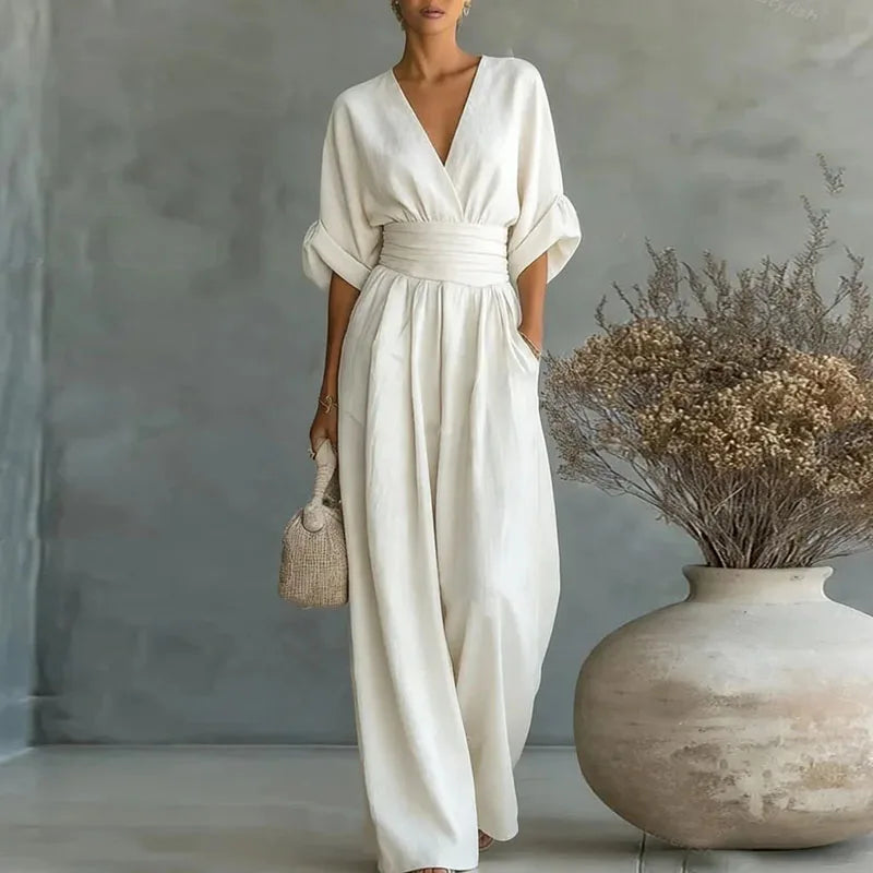 Women's Wide-Leg Jumpsuit V-Neck High-Waist Summer Wedding Guest Outfit - Victrafia