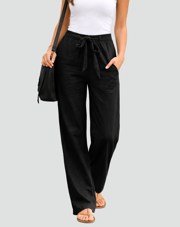 Women's Wide Leg Linen Pants Drawstring Waist Casual Summer Flowy Trousers - Victrafia
