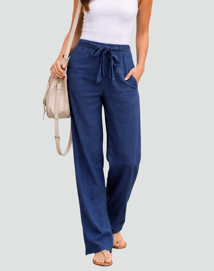 Women's Wide Leg Linen Pants Drawstring Waist Casual Summer Flowy Trousers - Victrafia