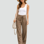 Women's Wide Leg Linen Pants Drawstring Waist Casual Summer Flowy Trousers - Victrafia