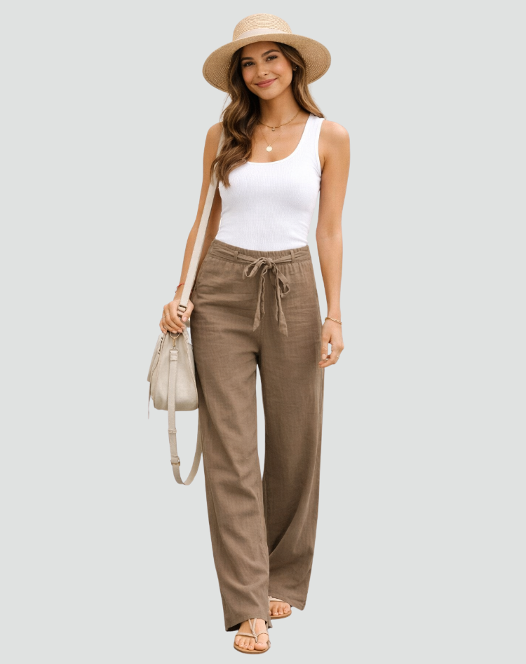 Women's Wide Leg Linen Pants Drawstring Waist Casual Summer Flowy Trousers - Victrafia