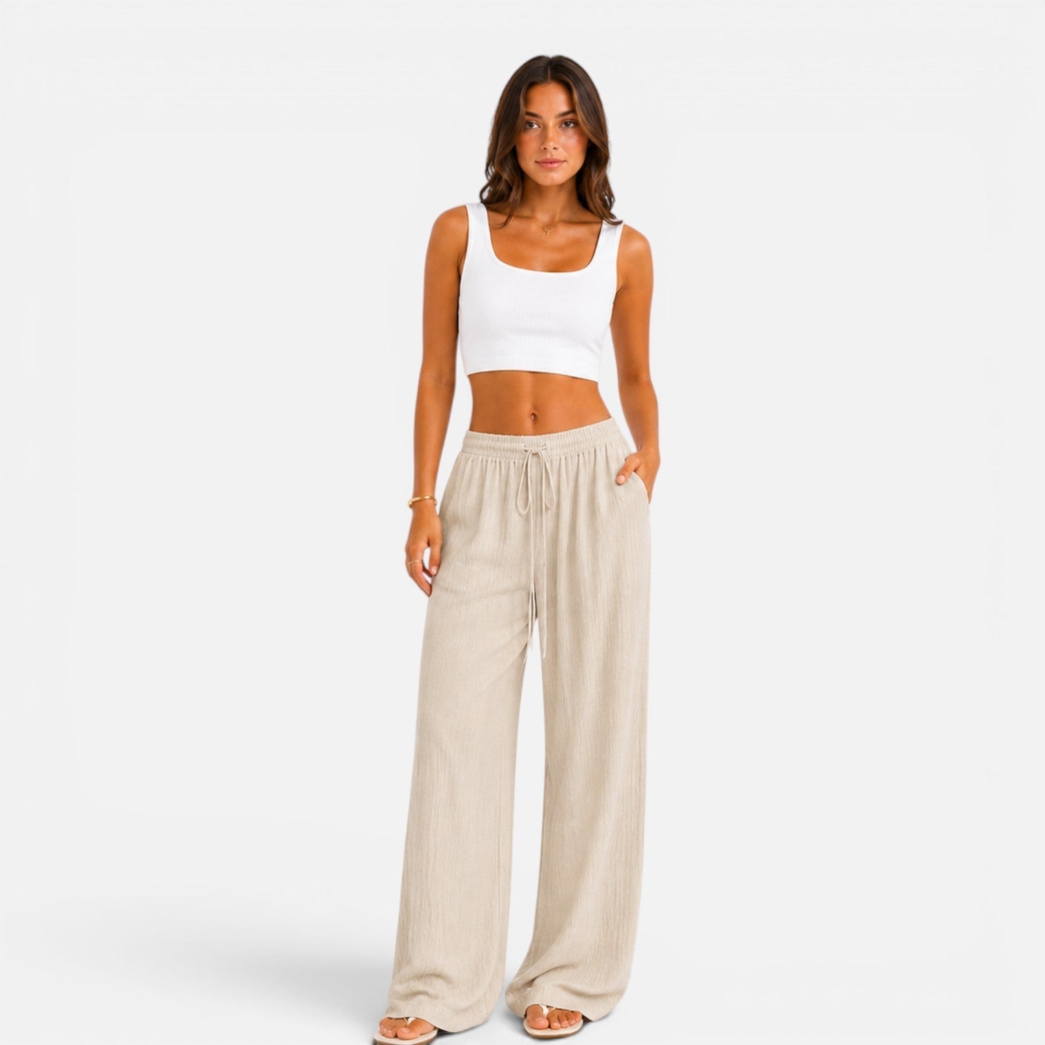 Women's Wide Leg Pants Elastic Waist Drawstring Flowy Casual Summer Beach - Victrafia