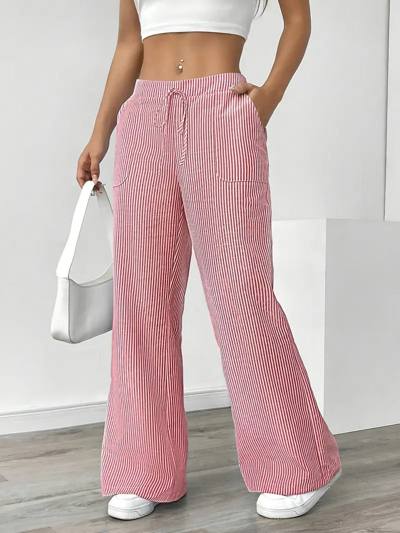 Women's Wide Leg Striped Pants Drawstring Casual Summer Flowy Trousers - Victrafia