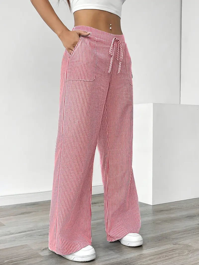 Women's Wide Leg Striped Pants Drawstring Casual Summer Flowy Trousers - Victrafia