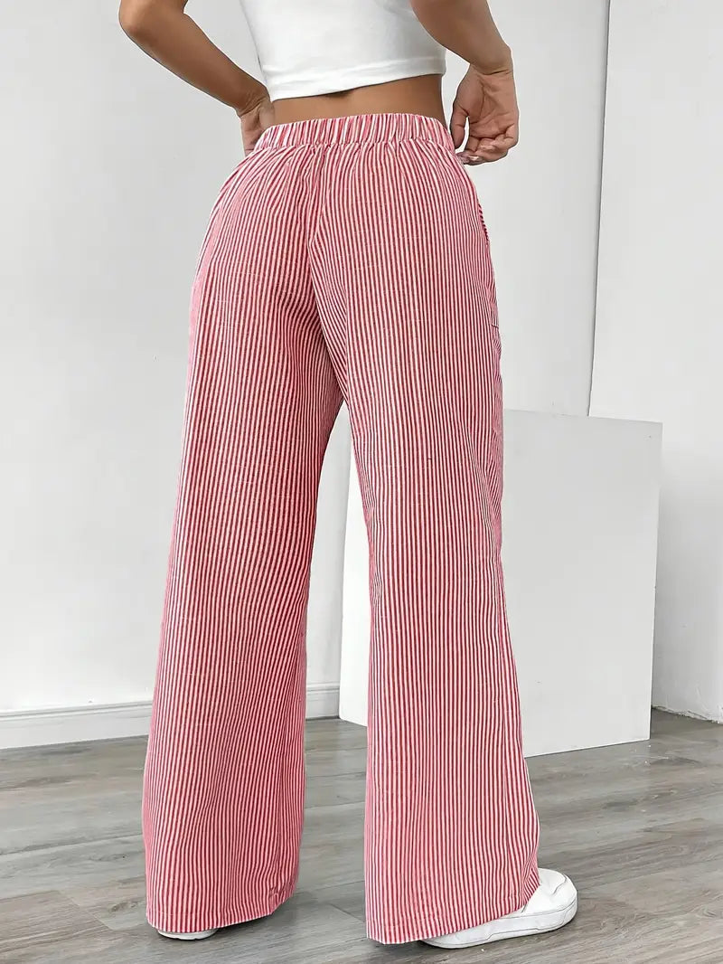 Women's Wide Leg Striped Pants Drawstring Casual Summer Flowy Trousers - Victrafia