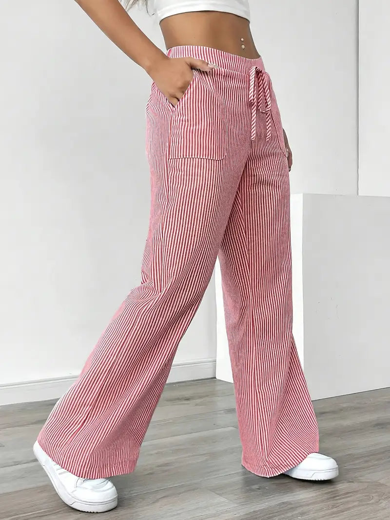Women's Wide Leg Striped Pants Drawstring Casual Summer Flowy Trousers - Victrafia