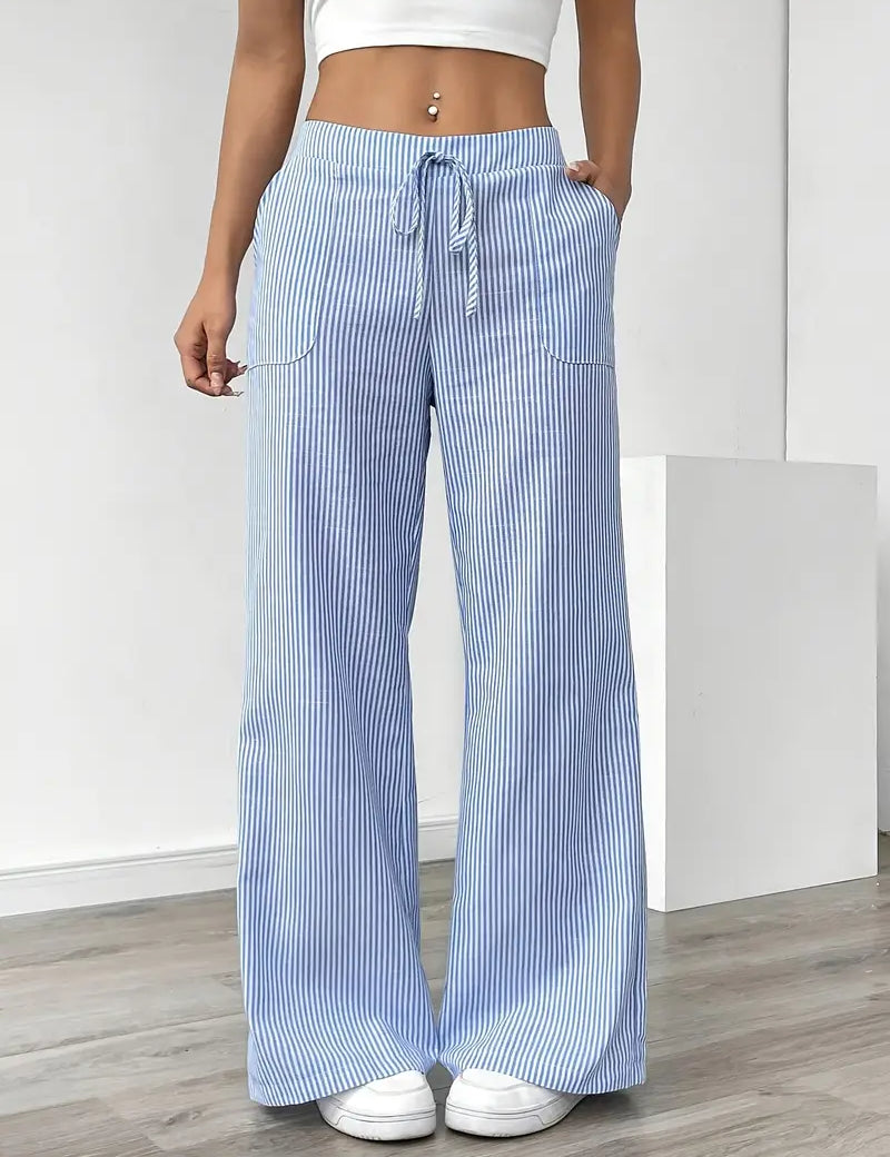Women's Wide Leg Striped Pants Drawstring Casual Summer Flowy Trousers - Victrafia