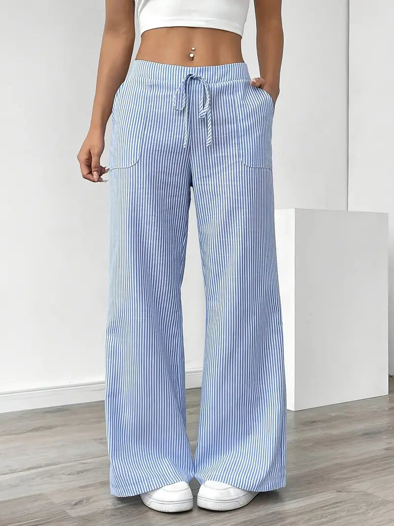 Women's Wide Leg Striped Pants Drawstring Casual Summer Flowy Trousers - Victrafia