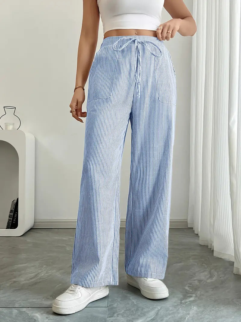 Women's Wide Leg Striped Pants Drawstring Casual Summer Flowy Trousers - Victrafia