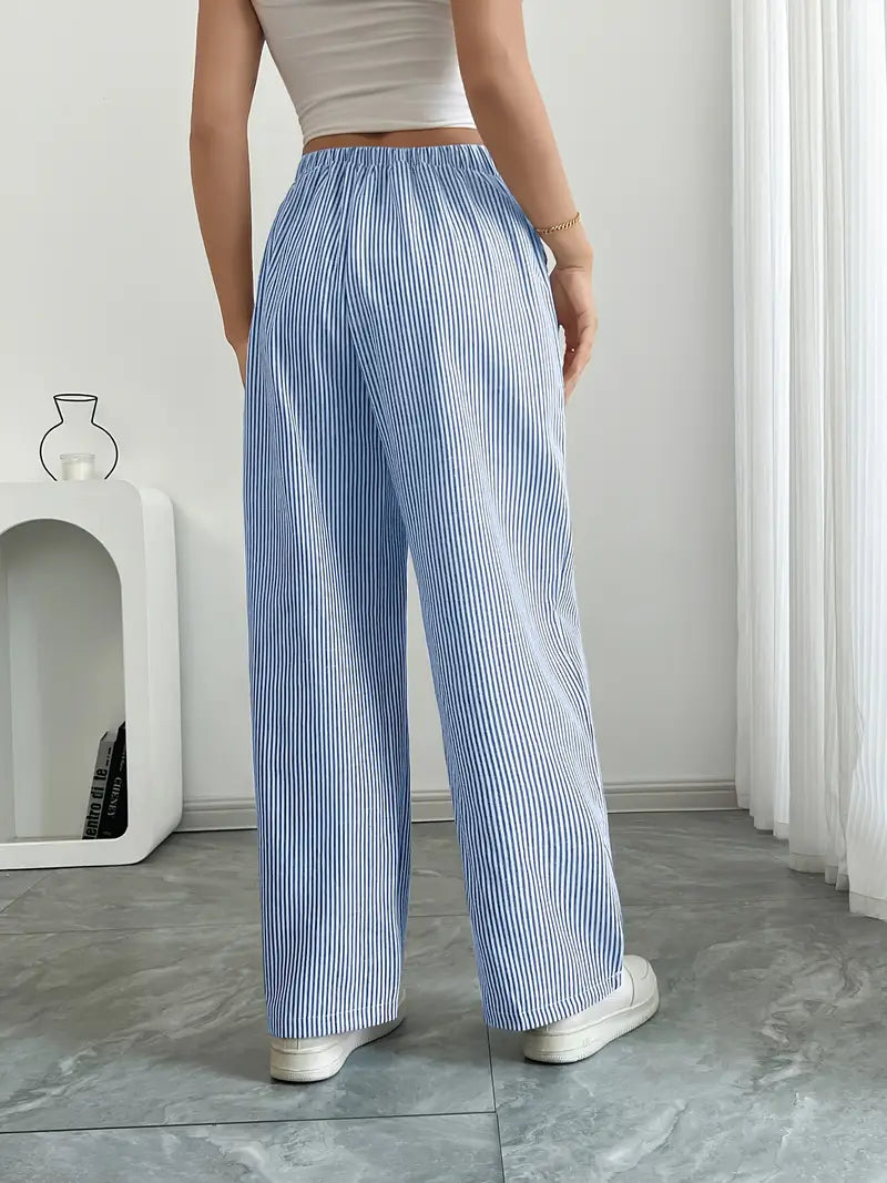 Women's Wide Leg Striped Pants Drawstring Casual Summer Flowy Trousers - Victrafia