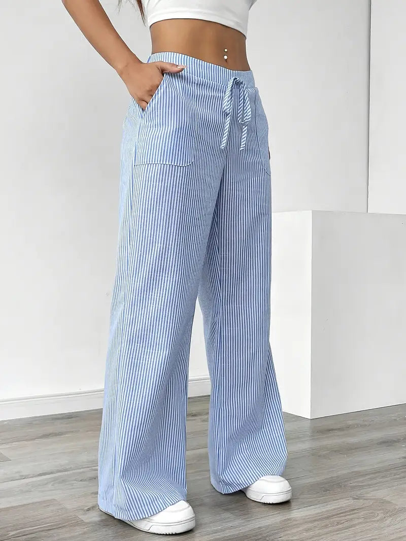 Women's Wide Leg Striped Pants Drawstring Casual Summer Flowy Trousers - Victrafia