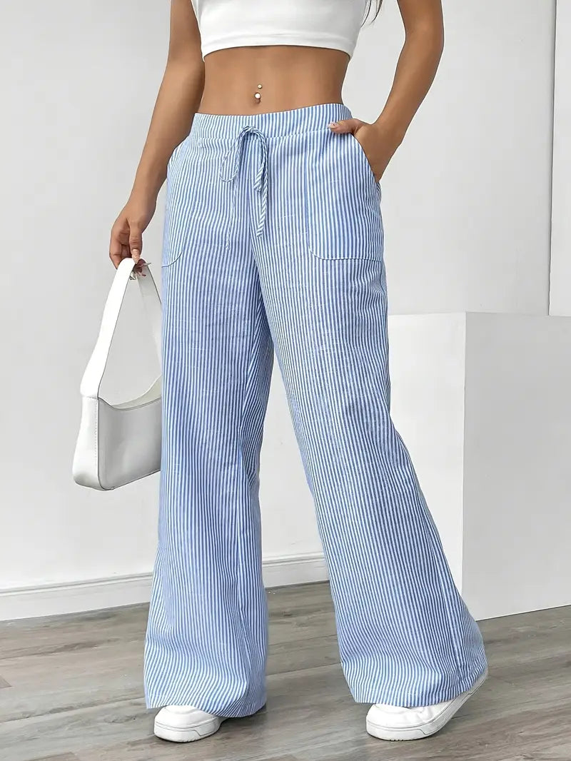Women's Wide Leg Striped Pants Drawstring Casual Summer Flowy Trousers - Victrafia