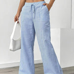 Women's Wide Leg Striped Pants Drawstring Casual Summer Flowy Trousers - Victrafia