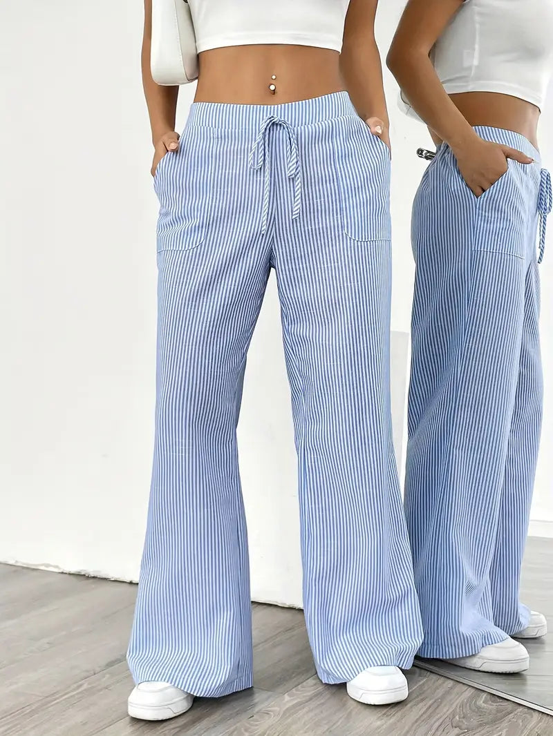 Women's Wide Leg Striped Pants Drawstring Casual Summer Flowy Trousers - Victrafia