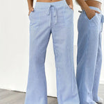 Women's Wide Leg Striped Pants Drawstring Casual Summer Flowy Trousers - Victrafia