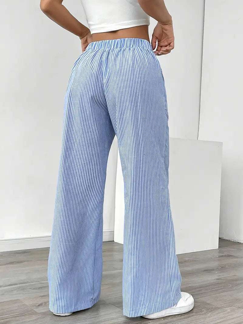 Women's Wide Leg Striped Pants Drawstring Casual Summer Flowy Trousers - Victrafia