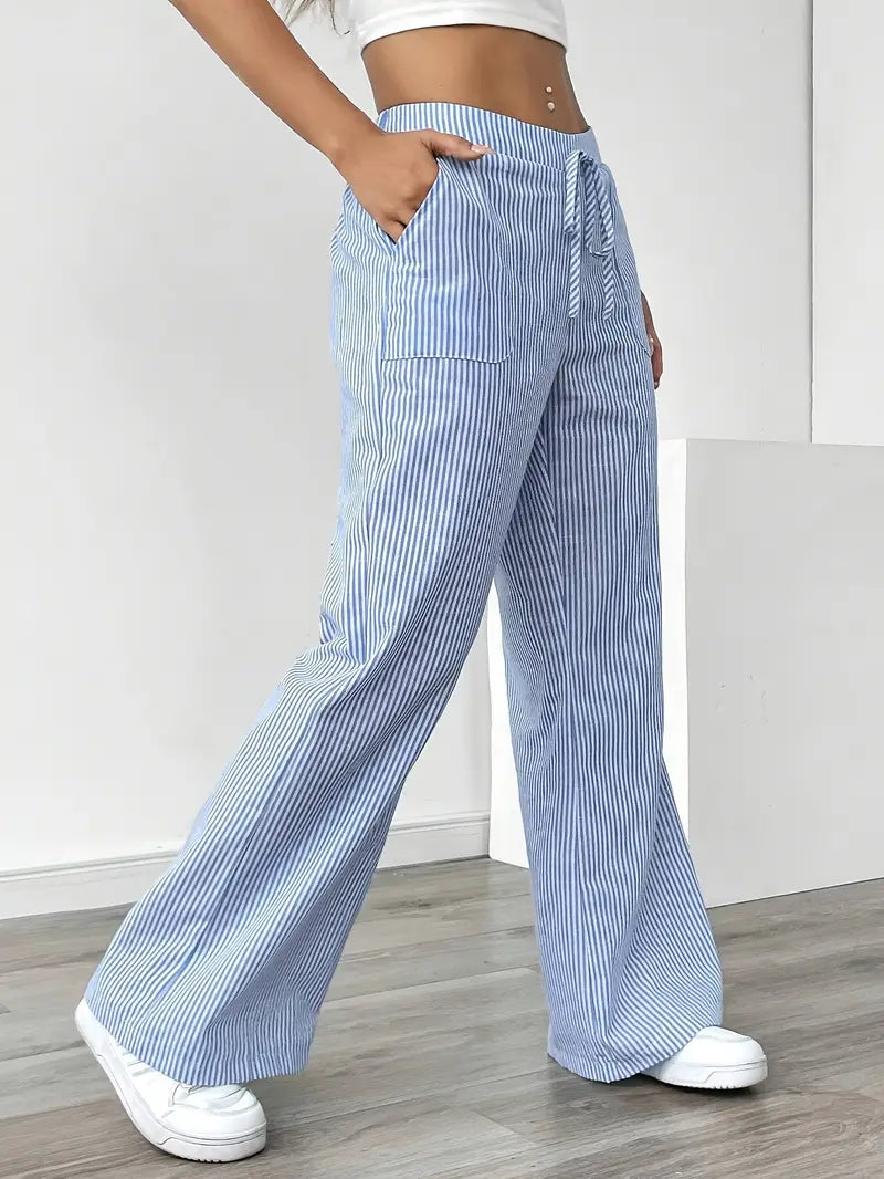 Women's Wide Leg Striped Pants Drawstring Casual Summer Flowy Trousers - Victrafia