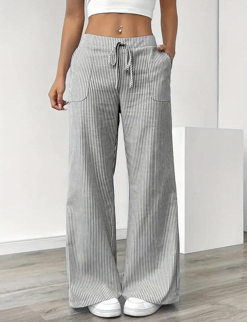 Women's Wide Leg Striped Pants Drawstring Casual Summer Flowy Trousers - Victrafia