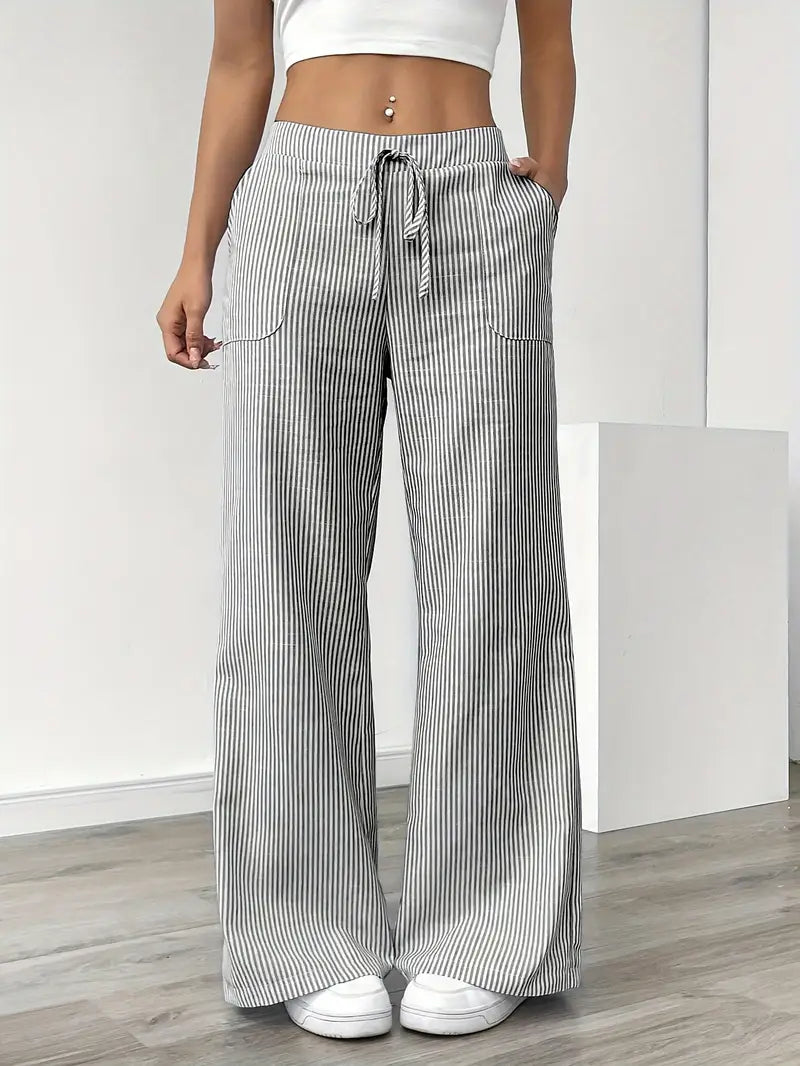 Women's Wide Leg Striped Pants Drawstring Casual Summer Flowy Trousers - Victrafia