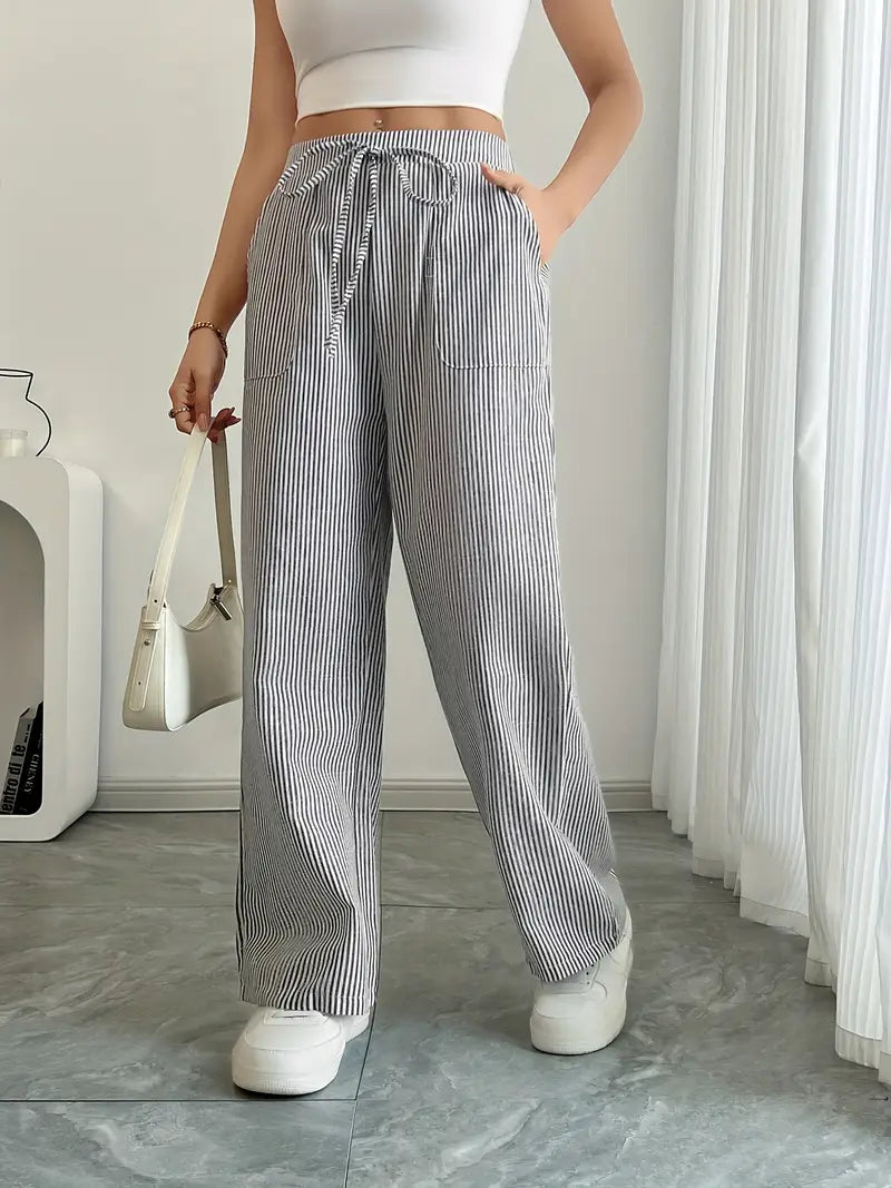 Women's Wide Leg Striped Pants Drawstring Casual Summer Flowy Trousers - Victrafia