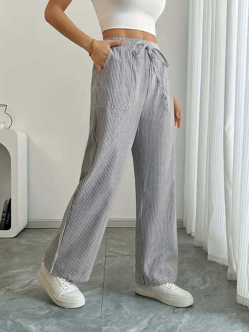 Women's Wide Leg Striped Pants Drawstring Casual Summer Flowy Trousers - Victrafia