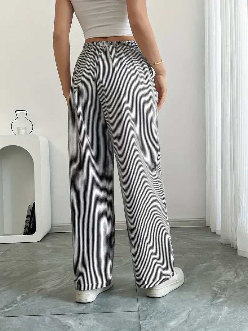 Women's Wide Leg Striped Pants Drawstring Casual Summer Flowy Trousers - Victrafia