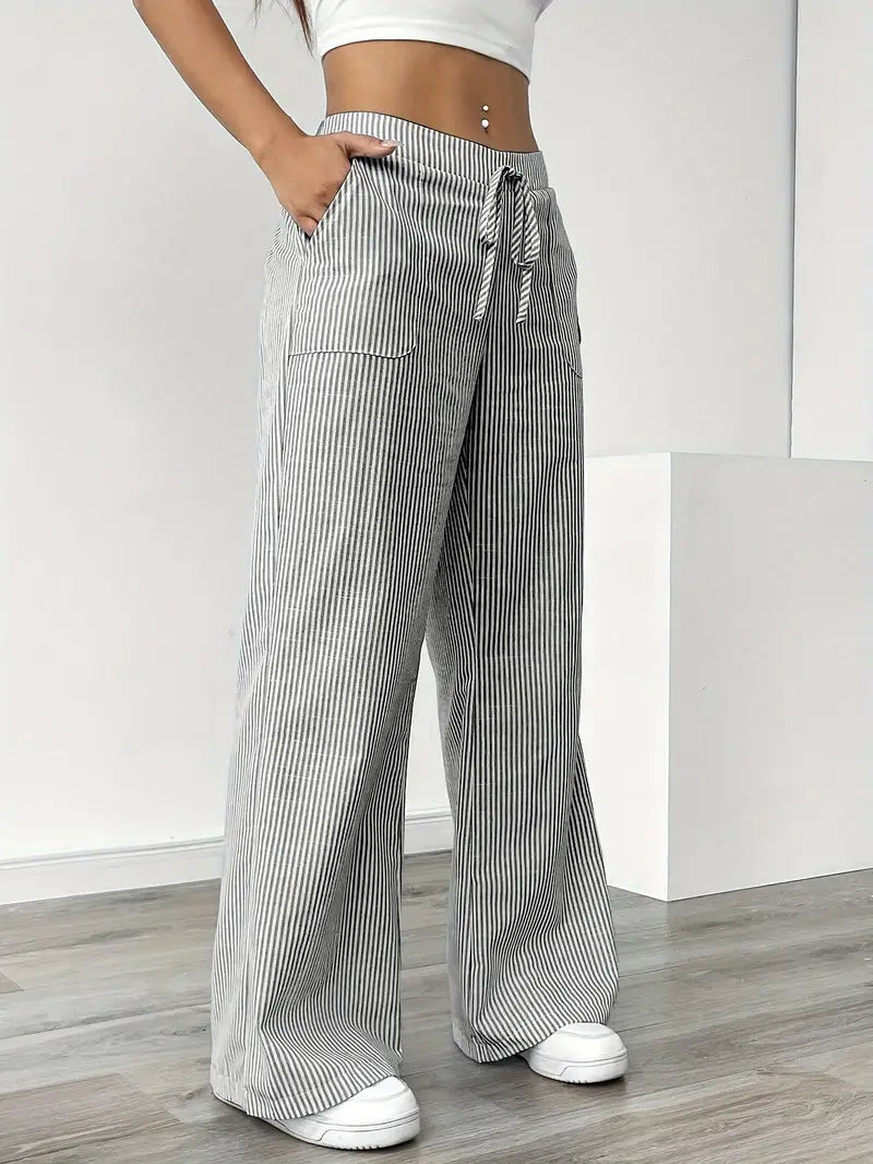 Women's Wide Leg Striped Pants Drawstring Casual Summer Flowy Trousers - Victrafia