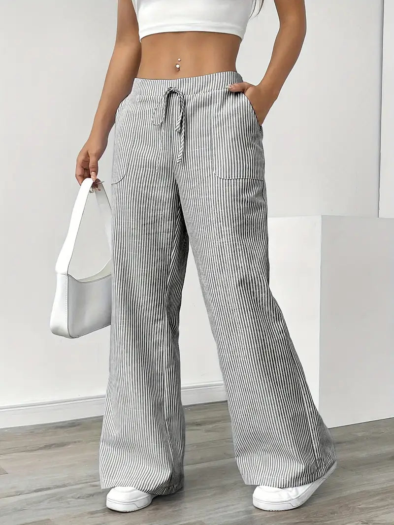 Women's Wide Leg Striped Pants Drawstring Casual Summer Flowy Trousers - Victrafia