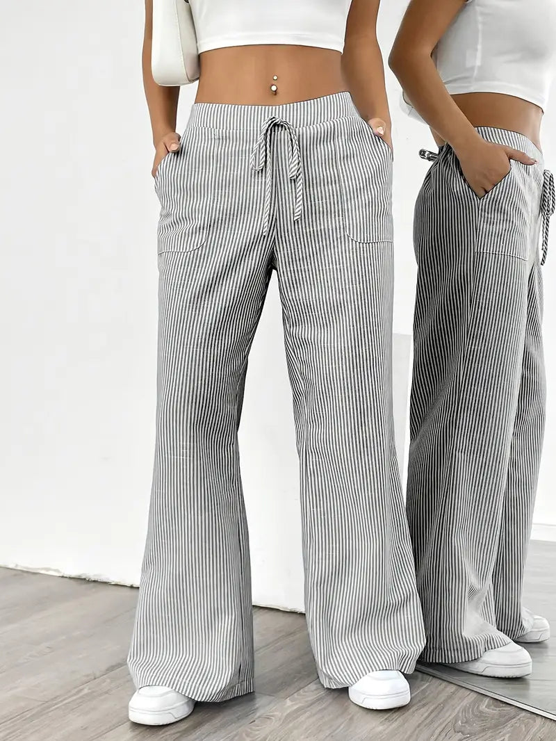 Women's Wide Leg Striped Pants Drawstring Casual Summer Flowy Trousers - Victrafia