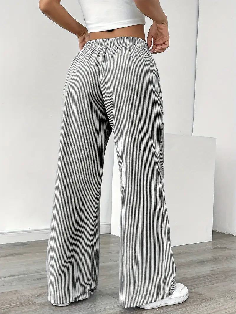 Women's Wide Leg Striped Pants Drawstring Casual Summer Flowy Trousers - Victrafia