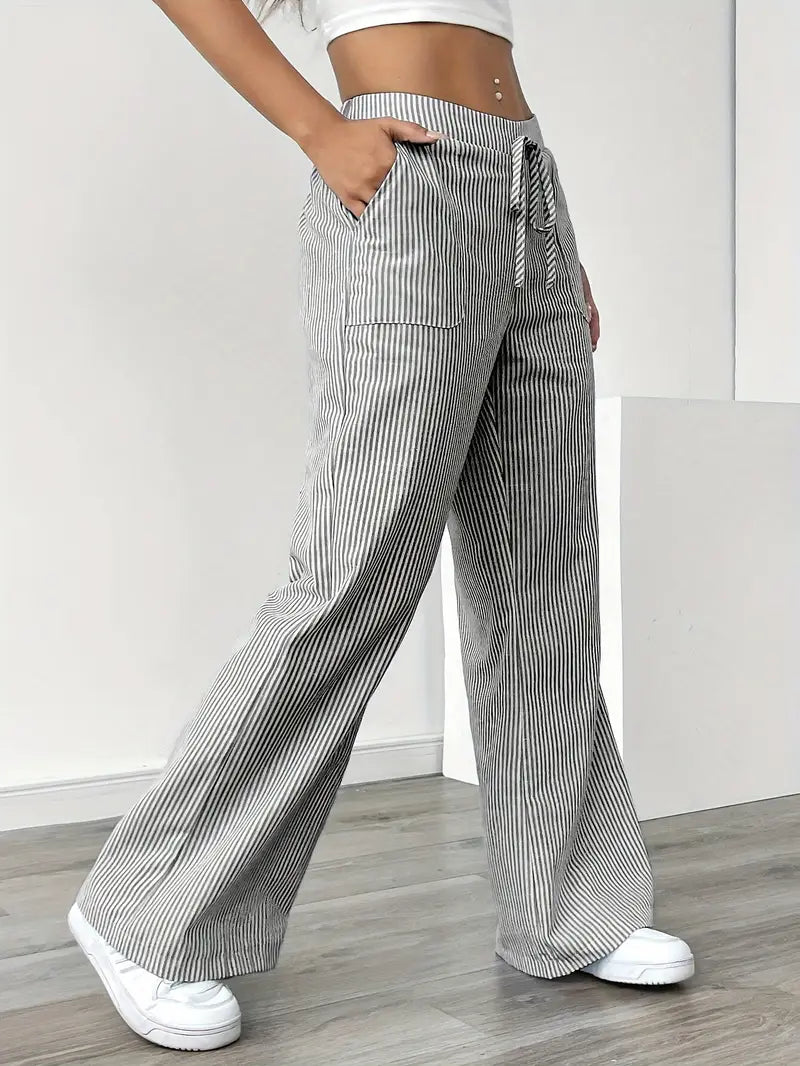 Women's Wide Leg Striped Pants Drawstring Casual Summer Flowy Trousers - Victrafia
