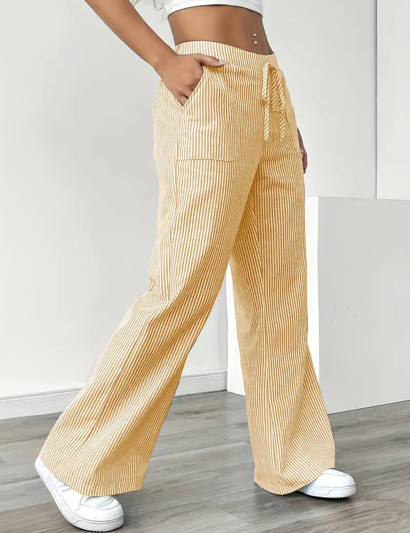 Women's Wide Leg Striped Pants Drawstring Casual Summer Flowy Trousers - Victrafia
