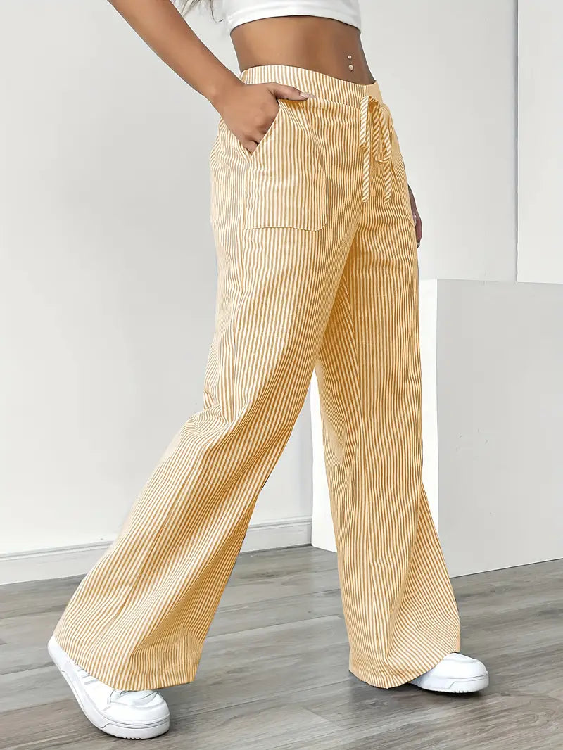 Women's Wide Leg Striped Pants Drawstring Casual Summer Flowy Trousers - Victrafia