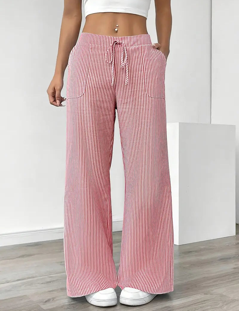 Women's Wide Leg Striped Pants Drawstring Casual Summer Flowy Trousers - Victrafia