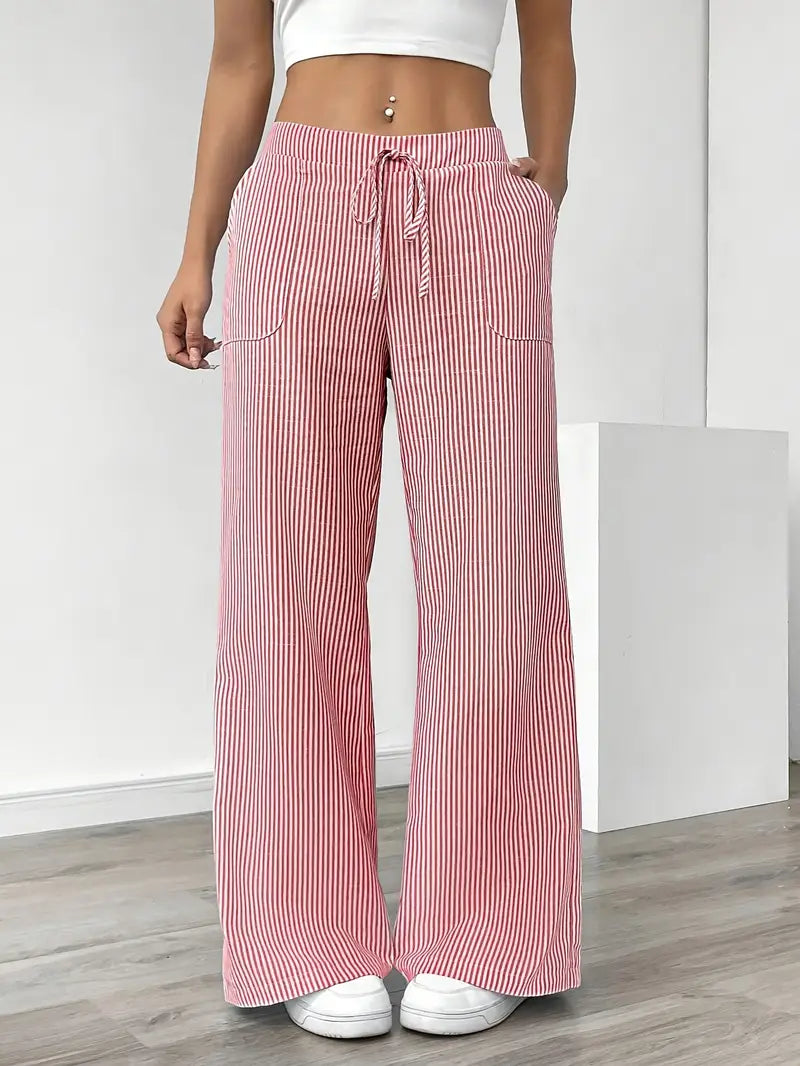Women's Wide Leg Striped Pants Drawstring Casual Summer Flowy Trousers - Victrafia