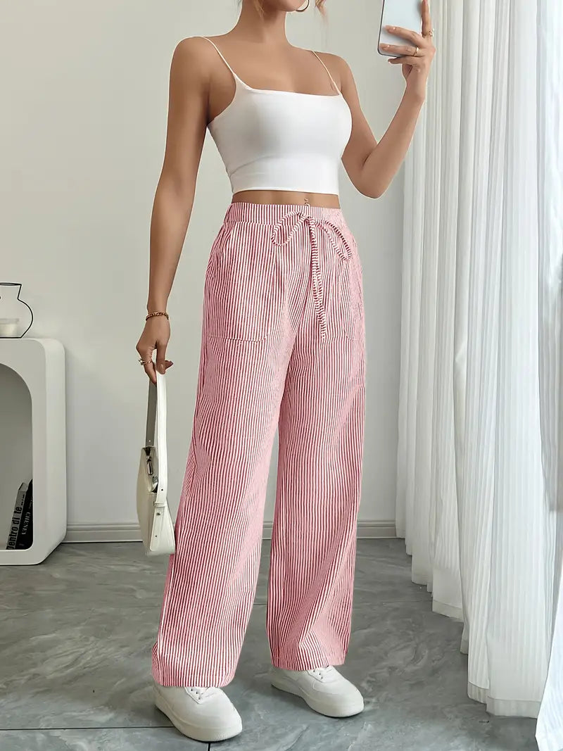 Women's Wide Leg Striped Pants Drawstring Casual Summer Flowy Trousers - Victrafia
